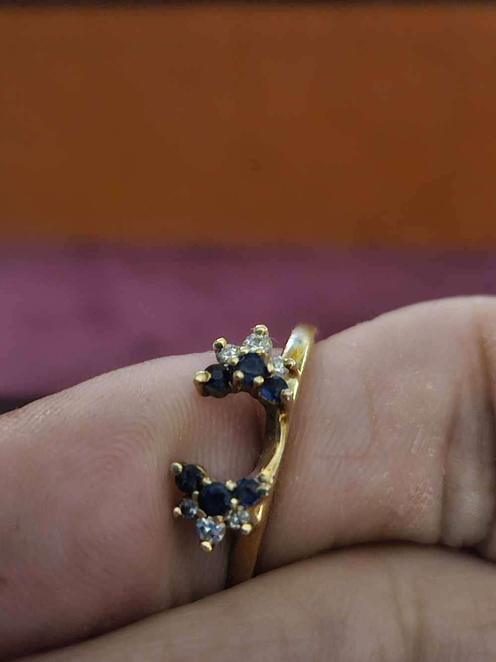 Blue Sapphire And Diamond 14kt Gold Ring Guard Size 7.5